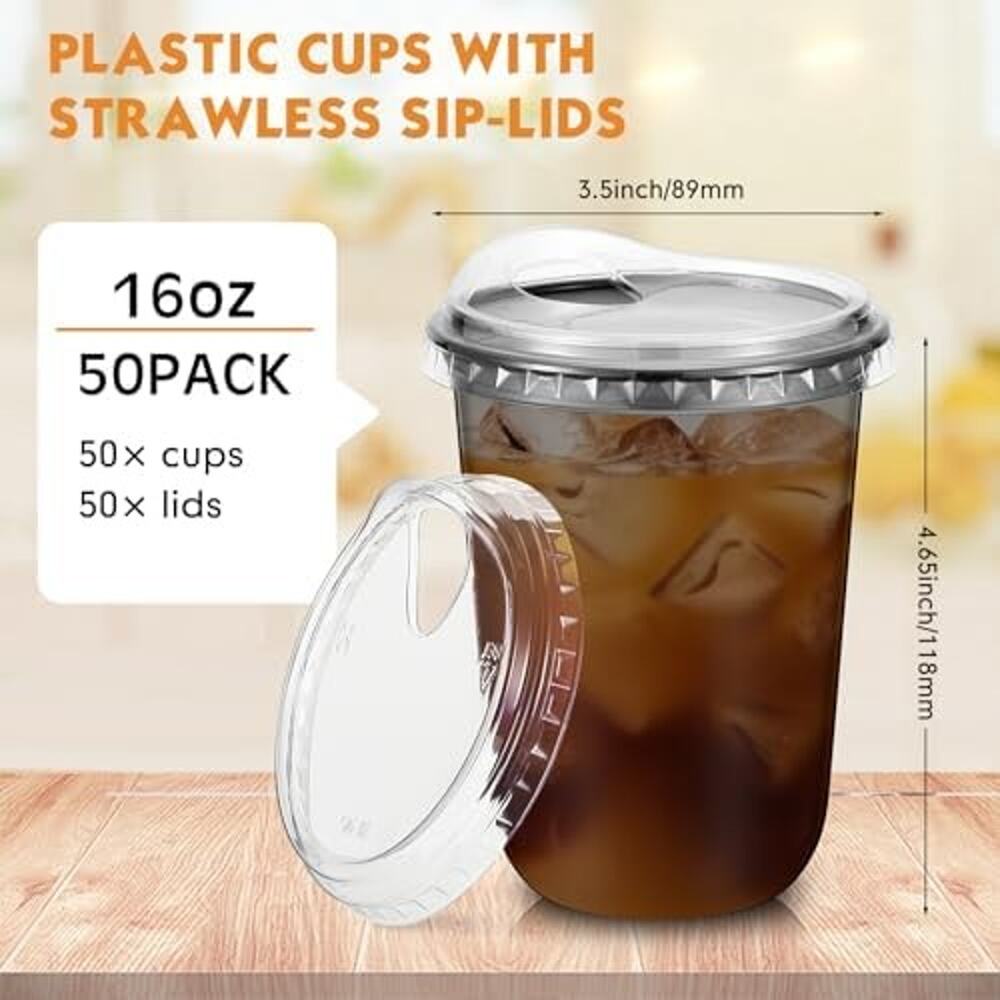 Baderke 50 Pack 16 oz Plastic Cups w Sip Lids Black Disposable Iced Coffee - Picture 4 of 8
